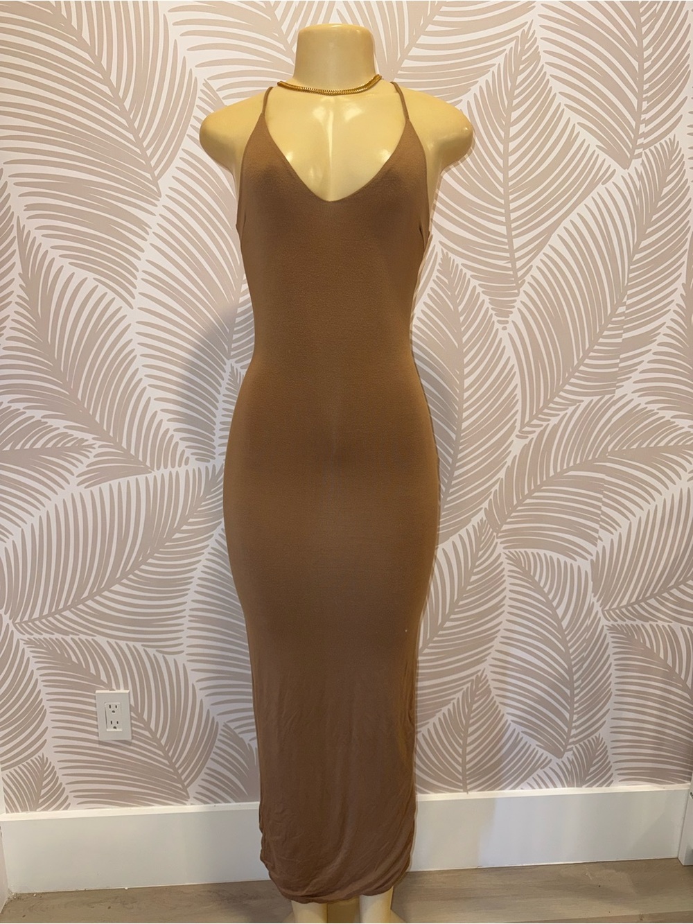 JLUXLABEL Brown V-Neck Spaghetti Strap Maxi Dress